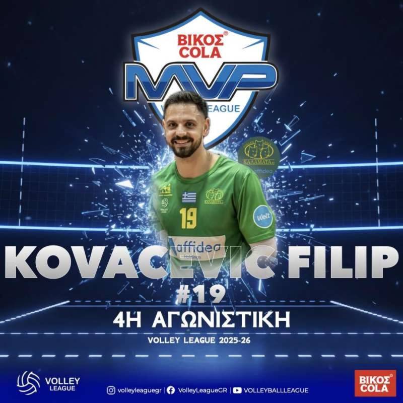 Ο Φιλίπ Κοβάσεβιτς MVP Βίκος Cola της 4ης αγωνιστικής Volley League 2025-26