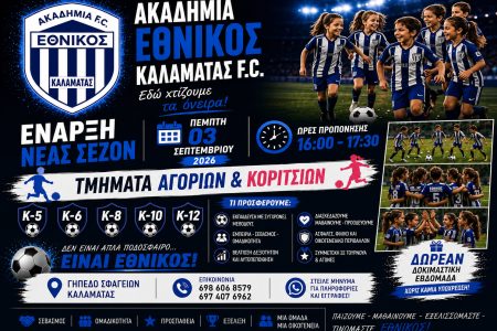 ΕΘΝΙΚΟΣ ΚΑΛΑΜΑΤΑΣ: Στις 3 Σεπτεμβρίου η έναρξη της νέας σεζόν για την Ακαδημία